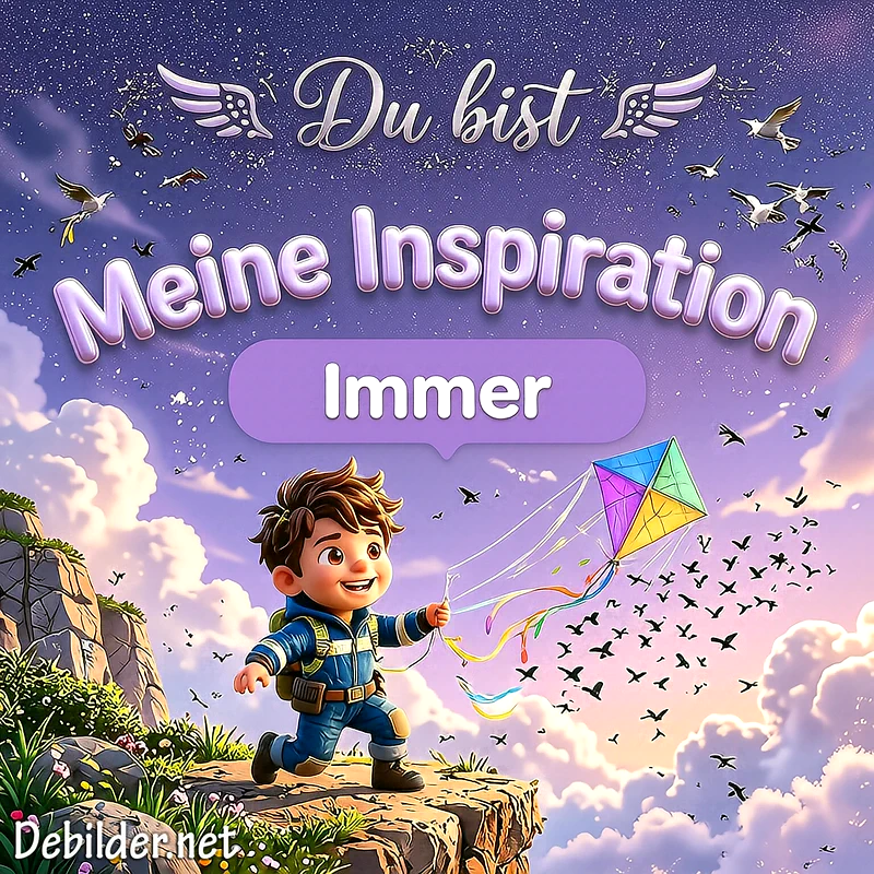 Ein kleiner 3D-Junge lässt auf einer Bergklippe einen bunten Drachen in den lila funkelnden Sternenhimmel steigen, umrahmt von fliegenden Vögeln und Liebestext.