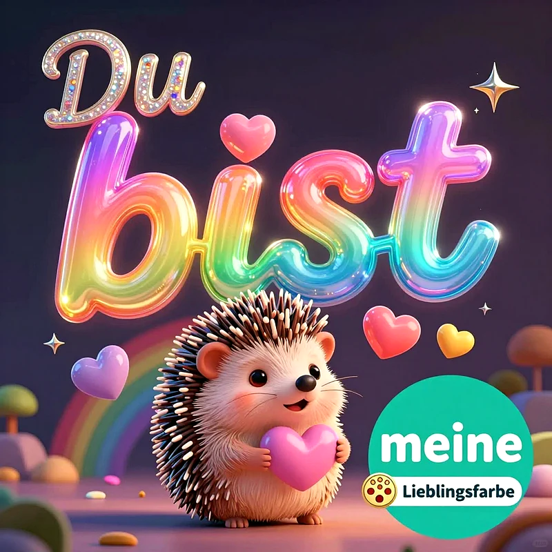 Ein niedlicher kleiner Igel hält ein rosa Herz in seinen Pfoten vor einem Hintergrund mit einem bunten Regenbogen und schwebenden Herzen, darüber steht der Text Du bist meine Lieblingsfarbe.