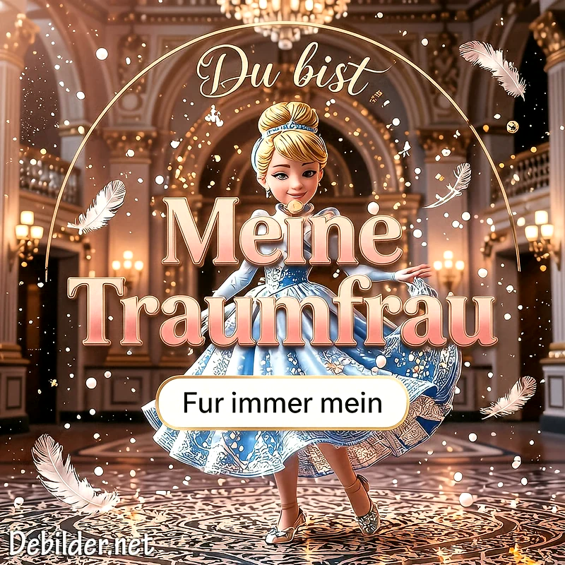Eine cartoonartige Aschenputtel-Figur in einem prächtigen Ballsaal, umgeben von schwebenden weißen Federn und funkelndem goldenem Licht, mit dem Text Du bist Meine Traumfrau und Fur immer mein.