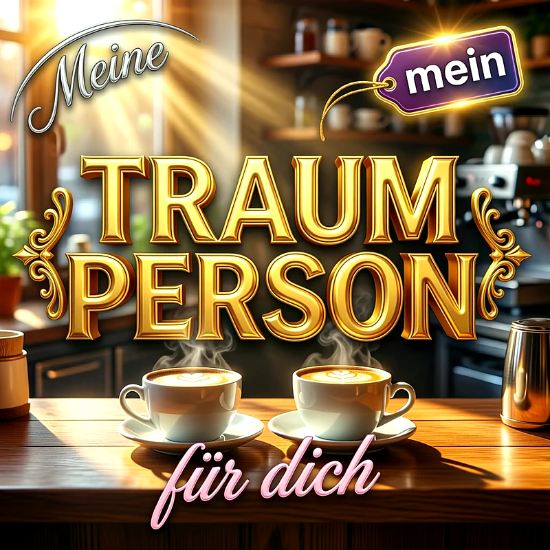 Zwei dampfende Tassen Kaffee mit Schaumherz stehen auf einer Holztheke im warmen Sonnenlicht, umrahmt von goldenen dreidimensionalen Buchstaben.