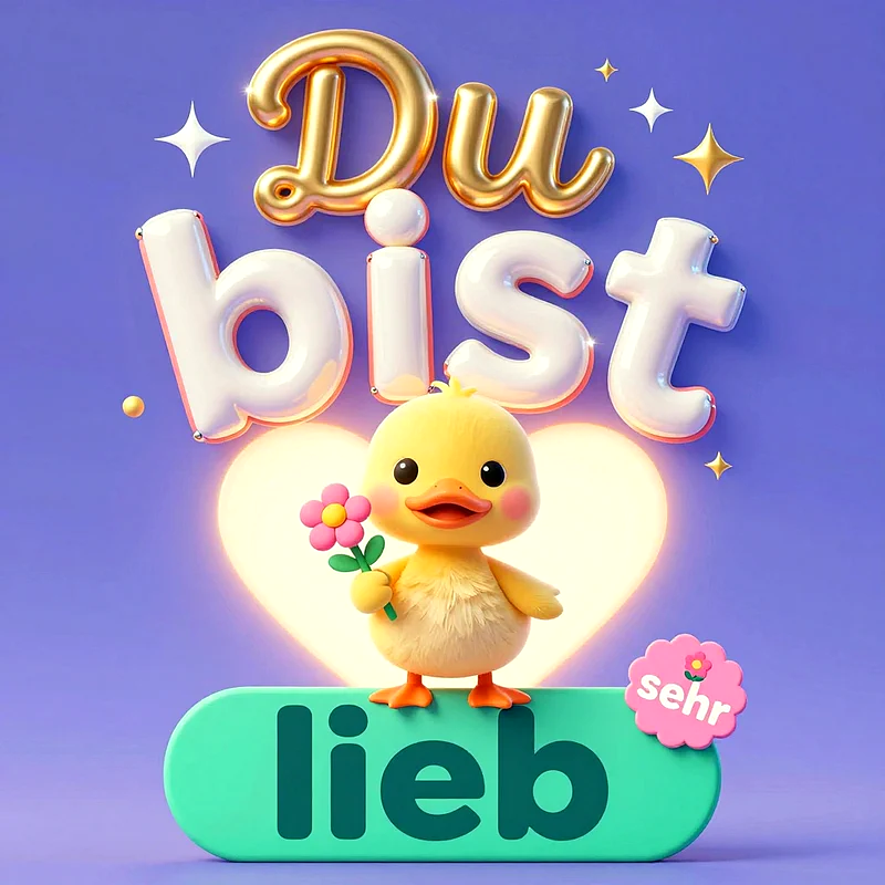 Ein flauschiges, gelbes Entenküken hält eine rosa Blume vor einem leuchtenden Herz, umrahmt vom dreidimensionalen Schriftzug Du bist sehr lieb auf lila Hintergrund.