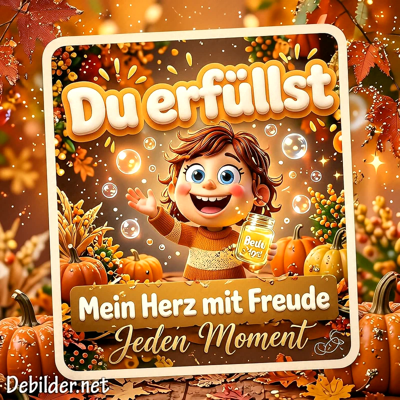 Eine fröhliche 3D-Comicfigur hält ein leuchtendes Glas in einer herbstlichen Umgebung mit Kürbissen, bunten Blättern und schimmernden Seifenblasen, umgeben von liebevollen Schriftzügen.