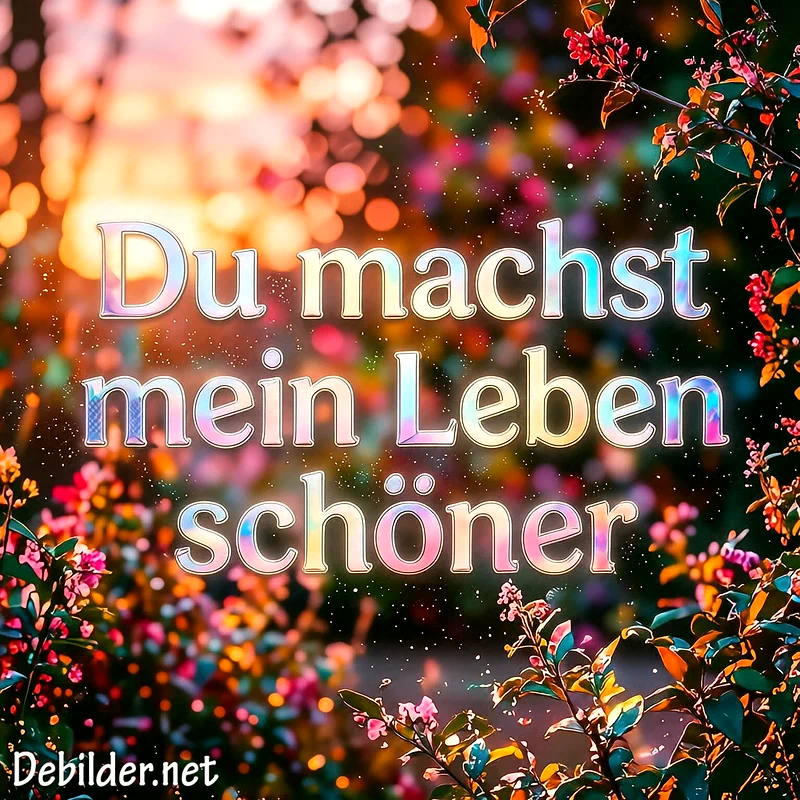 Schriftzug Du machst mein Leben schöner in schillernden Pastelltönen vor einem verträumten Hintergrund aus blühenden Gartenblumen und goldenem Bokeh-Licht bei Sonnenuntergang.