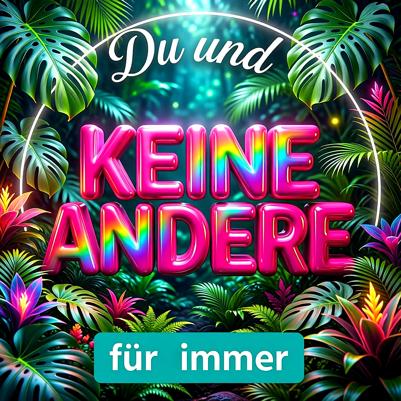 Tropischer Dschungel-Hintergrund mit leuchtend grünen Monstera-Blättern und exotischen Pflanzen. In der Mitte steht in bunten, aufgeblasenen 3D-Buchstaben der Spruch „Du und KEINE ANDERE für immer“.