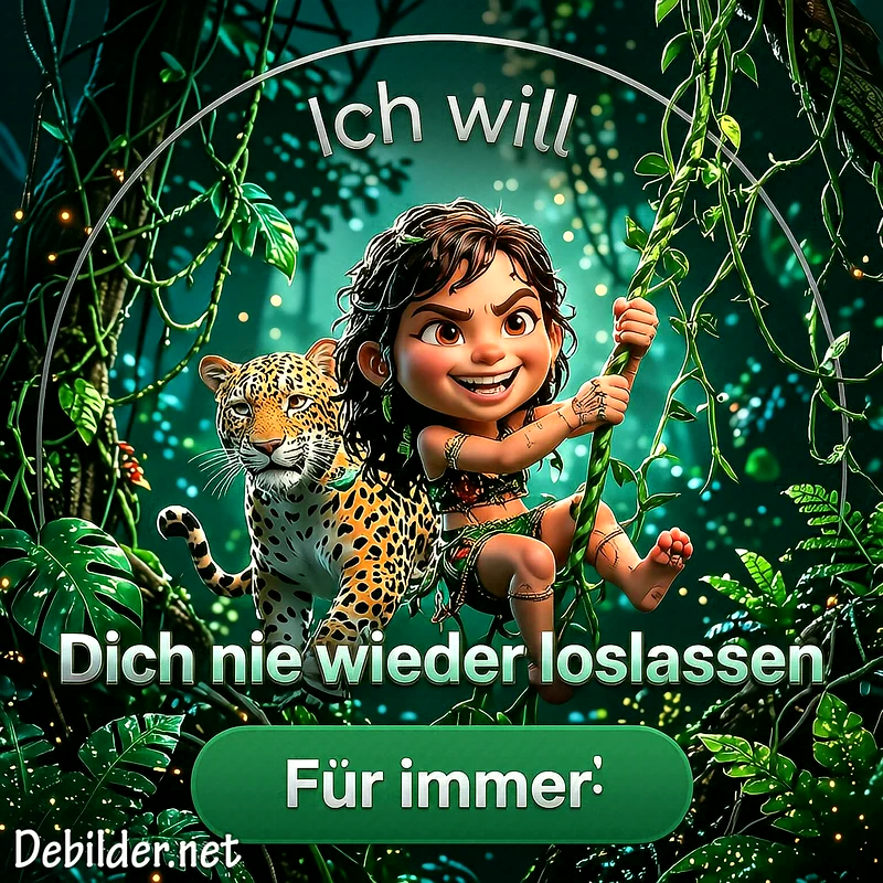 Dschungelmotiv mit einem fröhlichen Kind an einer Lianen-Schaukel neben einem Leoparden inmitten dichter Blätter, umrahmt von funkelnden Lichtpunkten und romantischem Spruchtext.