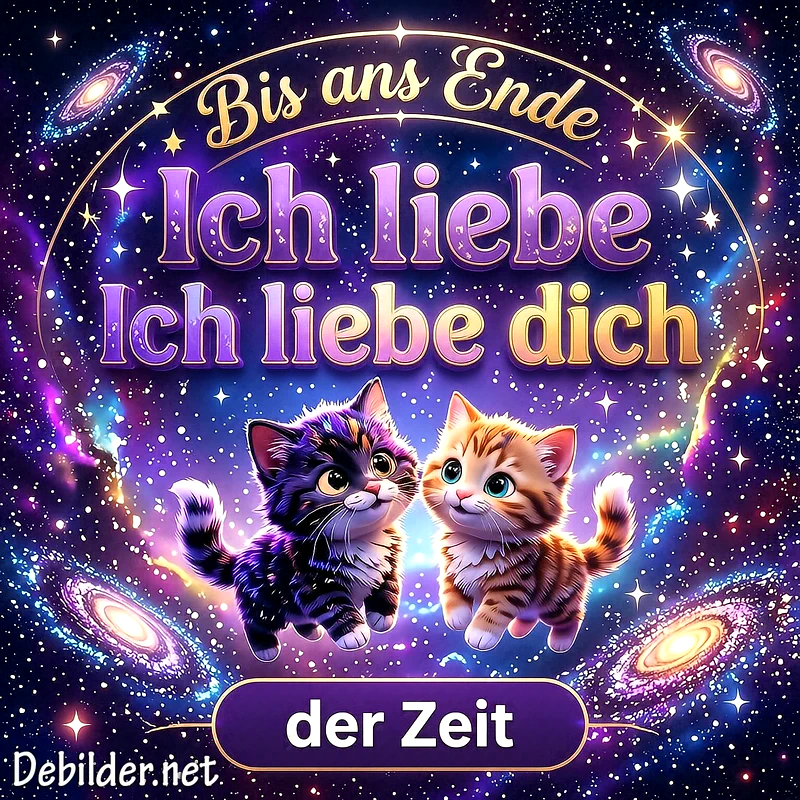 Zwei niedliche Kätzchen sitzen eng zusammen vor einem leuchtenden Sternenmeer im Universum, umrahmt von einem funkelnden Schriftzug über die unendliche Zuneigung zweier Seelen.