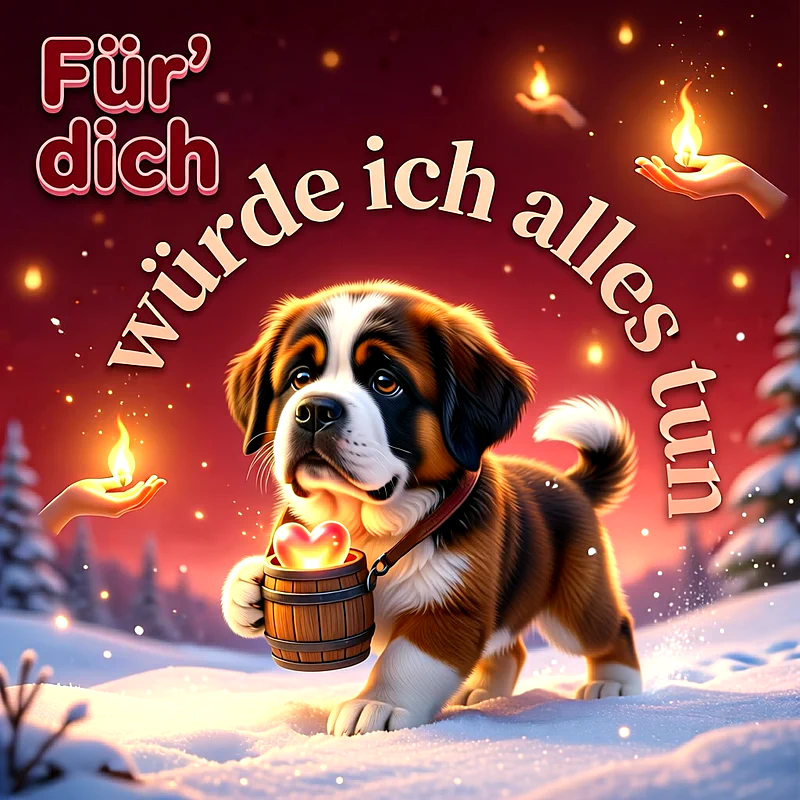 Niedlicher Bernhardiner-Welpe stapft durch tiefen Schnee und trägt ein Holzfass mit einem leuchtenden Herzen. Im Hintergrund glühen warme Lichter und Hände halten kleine Flammen.