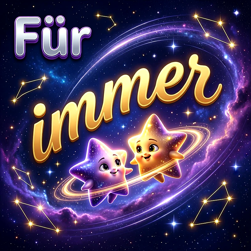 Zwei niedliche, lächelnde Sterne tanzen umgeben von leuchtenden Sternbildern im magischen Kosmos. Darüber steht in eleganter Schrift der Spruch Für immer.