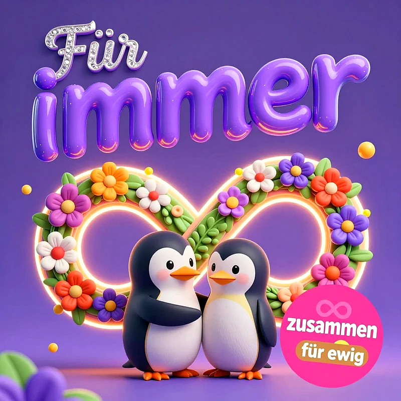 Zwei niedliche Pinguine stehen eng umschlungen vor einem leuchtenden Unendlichkeitszeichen aus bunten Blumen, übertitelt mit dem Schriftzug Für immer auf lila Hintergrund.