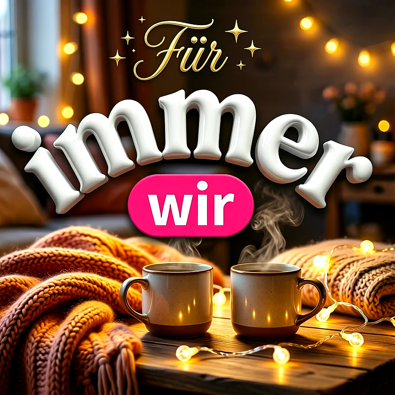Zwei dampfende Tassen stehen auf einem rustikalen Holztisch, umgeben von einer weichen Strickdecke und einer leuchtenden Lichterkette im Hintergrund. Der Text Für immer wir steht in großen, weißen Buchstaben darüber.