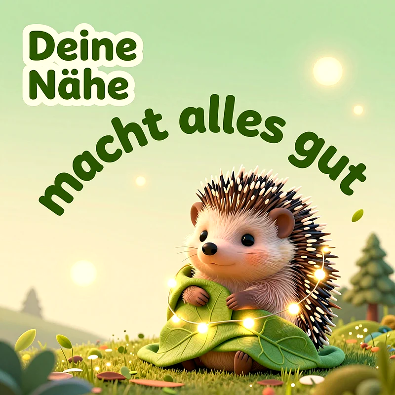 Ein niedlicher kleiner Igel sitzt auf einer grünen Wiese, eingekuschelt in große Blätter mit leuchtender Lichterkette, unter dem grünen Schriftzug Deine Nähe macht alles gut.