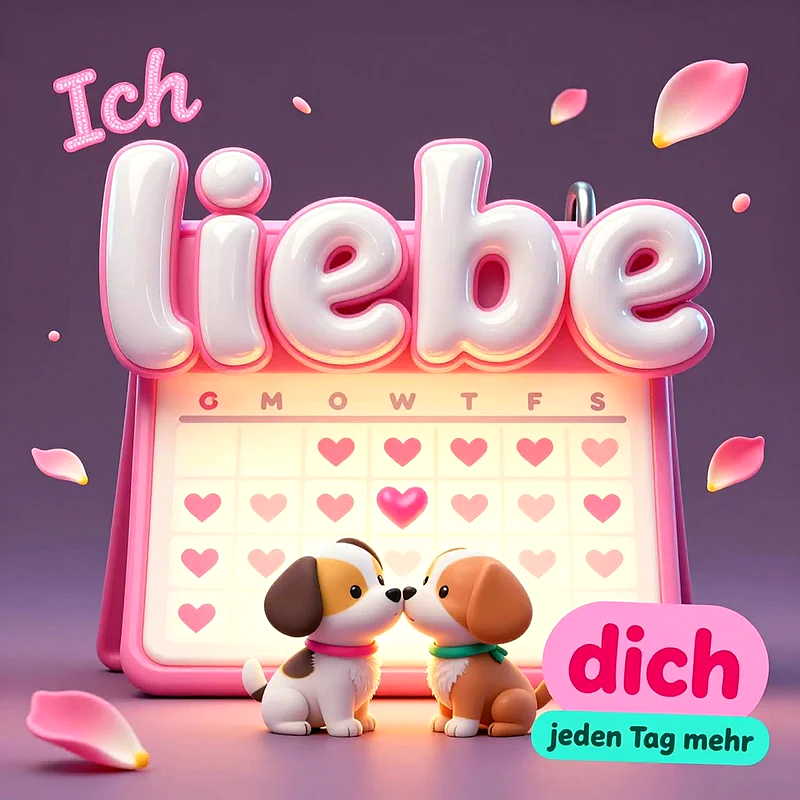 Zwei niedliche 3D-Hündchen berühren sich liebevoll mit den Nasen vor einem rosa Kalender voller Herzen. Der Schriftzug Ich liebe dich jeden Tag mehr verziert die Szene, umrahmt von fliegenden Blütenblättern.