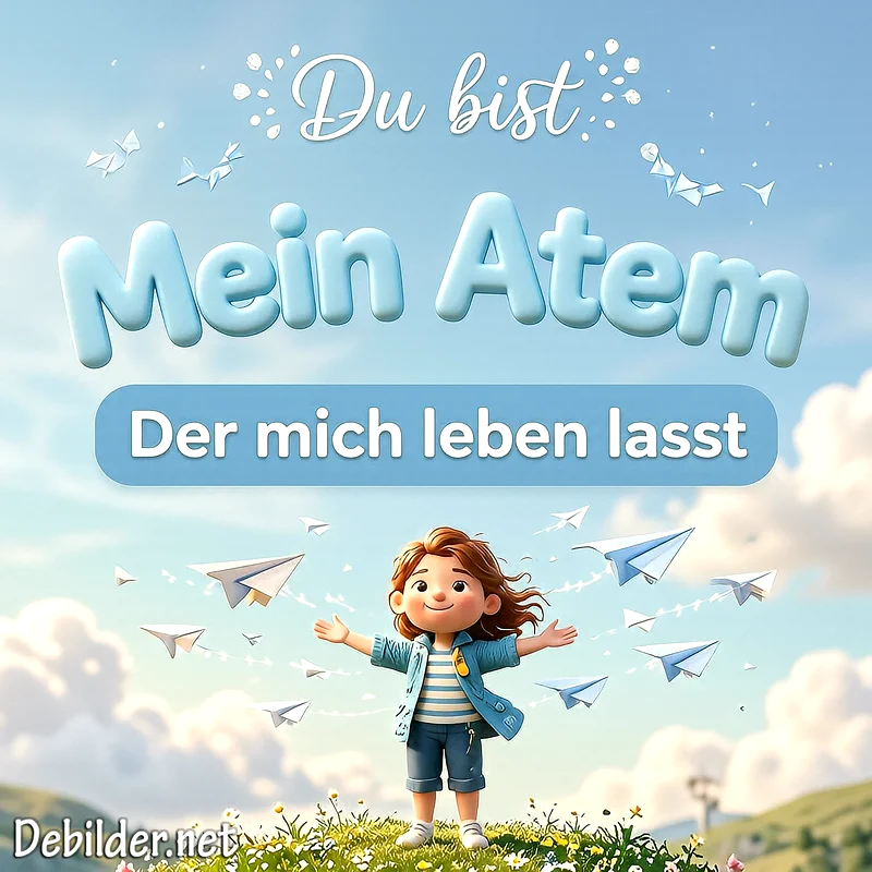 3D-Illustration eines strahlenden Mädchens mit ausgebreiteten Armen auf einer Blumenwiese unter blauem Himmel, umgeben von fliegenden Papierfliegern und dem Schriftzug 'Du bist Mein Atem'.
