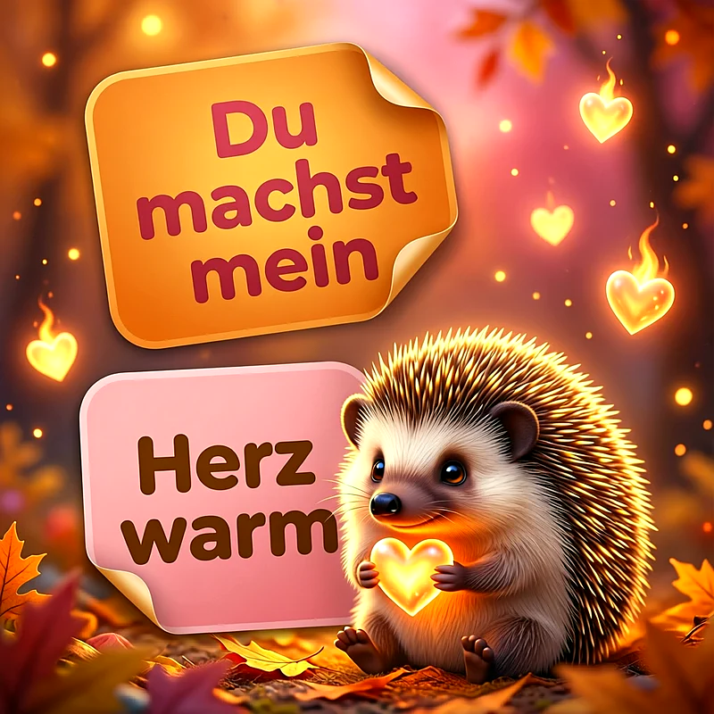 Ein niedlicher Igel sitzt im herbstlichen Laub und hält ein leuchtendes Herz. Daneben stehen zwei Textfelder mit der Aufschrift Du machst mein Herz warm.