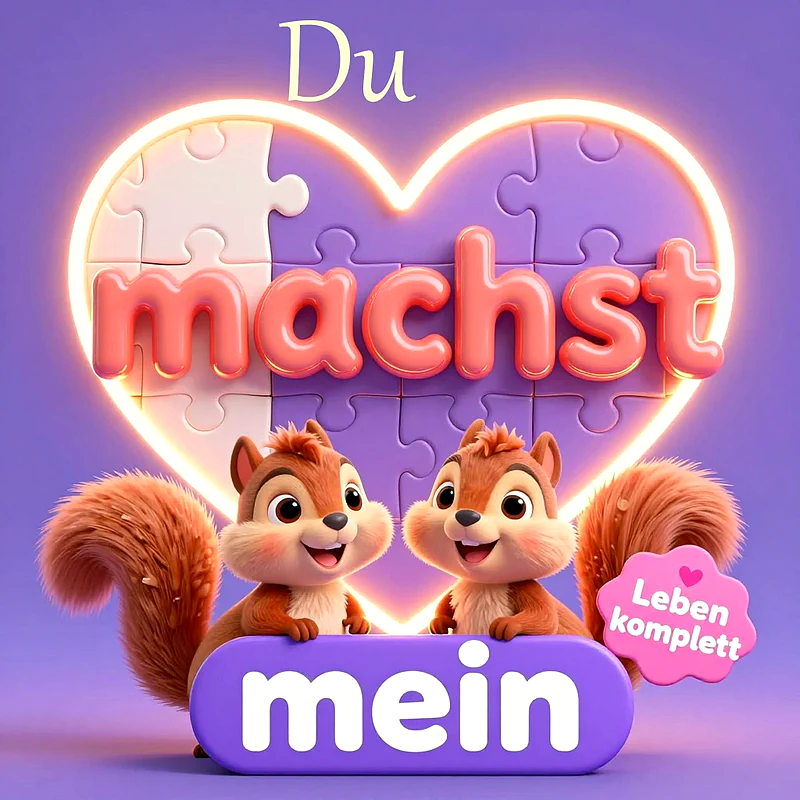 Zwei süße Streifenhörnchen sitzen vor einem leuchtenden Puzzle-Herzen auf lila Hintergrund und halten ein Schild mit der Aufschrift Du machst mein Leben komplett.