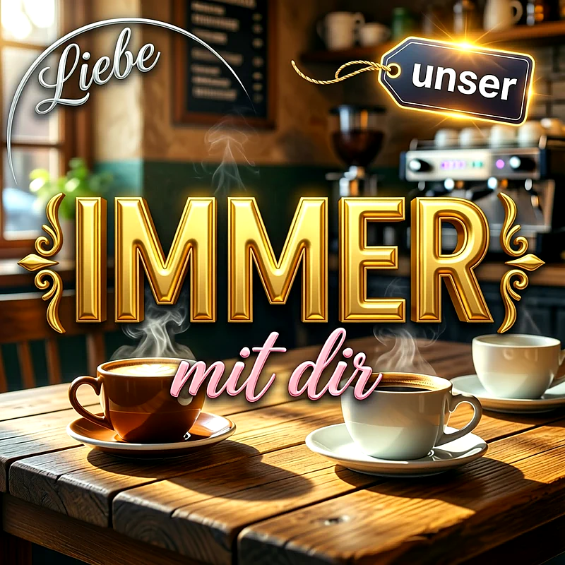 Gemütliche Kaffeeszene auf rustikalem Holztisch mit zwei dampfenden Tassen im warmen Sonnenlicht, verziert mit vergoldeter Schrift IMMER, rosa mit dir sowie den Wörtern Liebe und unser.