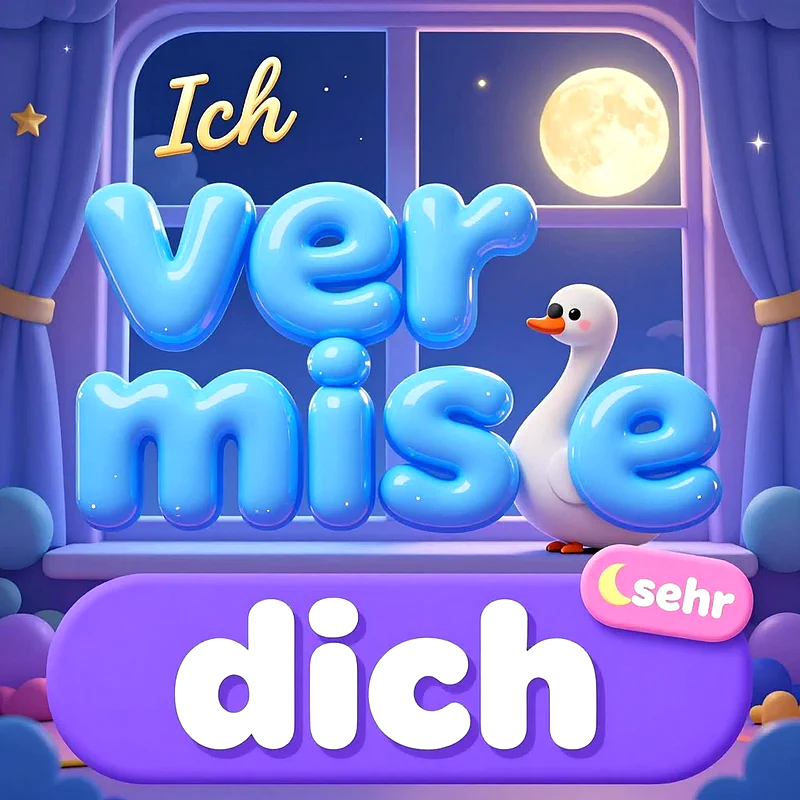 3D-Grafik einer gemütlichen Nachtszene am Fenster mit Mondlicht, sanften Vorhängen, einem niedlichen Schwan und dem blau-violetten Schriftzug Ich vermisse dich sehr.
