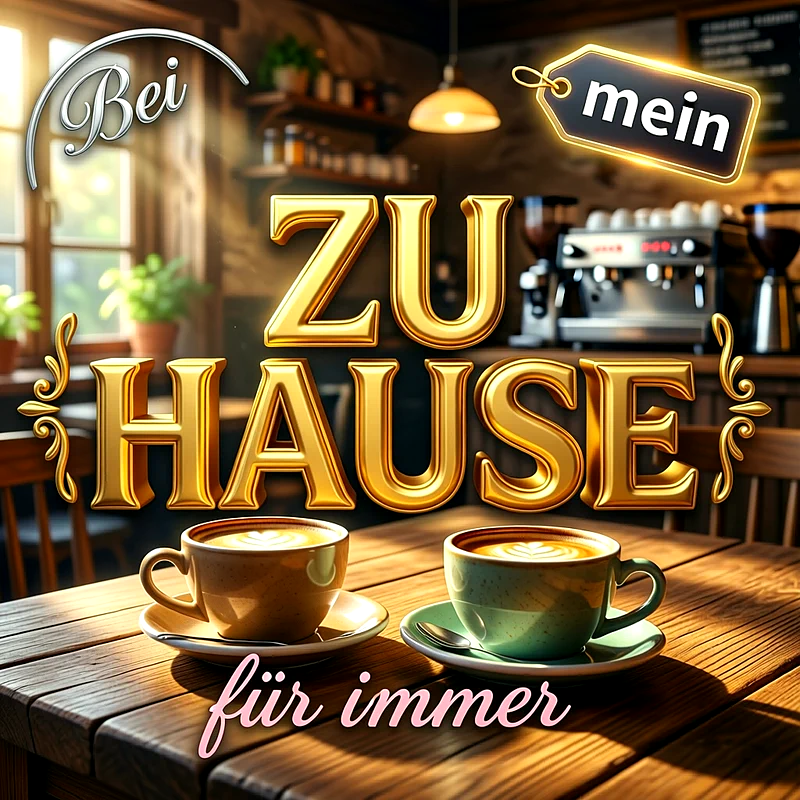 Zwei dampfende Kaffeetassen mit Herzmuster stehen auf einem rustikalen Holztisch in einem warm ausgeleuchteten Café, umrahmt von glänzenden goldenen 3D-Buchstaben und dekorativen Bildelementen.