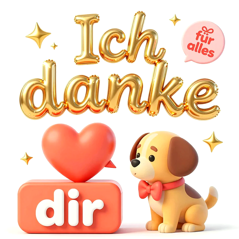 Dreidimensionale Illustration mit glänzenden goldenen Ballonbuchstaben, einem roten Herz, einem niedlichen Hund mit Fliege und dem Text Ich danke dir für alles auf weißem Grund.