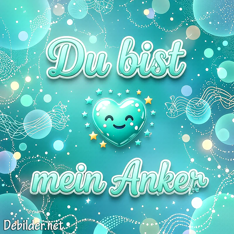 Türkisfarbenes Grußmotiv mit verspieltem lächelndem Herz in der Mitte, umgeben von funkelnden Sternen, Lichterketten und der Aufschrift Du bist mein Anker.