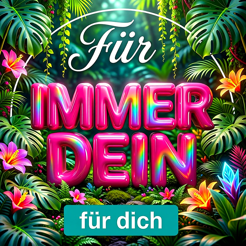Tropischer Hintergrund mit sattgrünen Monstera-Blättern und bunten Hibiskusblüten, umrahmt von einem leuchtenden Ring mit schimmernden rosa 3D-Buchstaben Für IMMER DEIN und für dich.