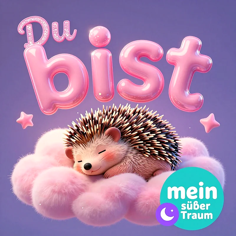 Ein niedlicher kleiner Igel schläft friedlich auf einer flauschigen rosa Wolke vor violettem Hintergrund, darüber schweben glänzende 3D-Buchstaben mit der Aufschrift Du bist mein süßer Traum.