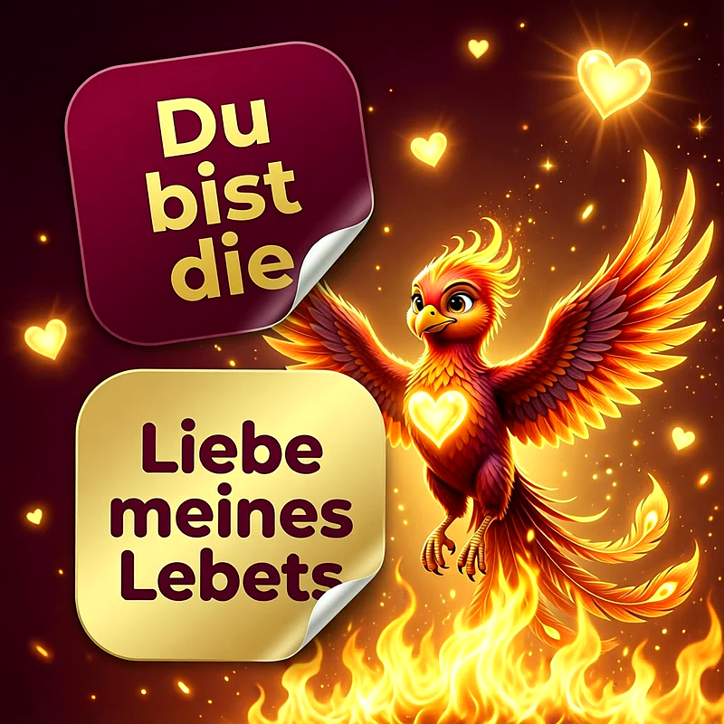Ein animierter, brennender Phönix mit einem leuchtenden Herz auf der Brust fliegt vor einem dunkelroten Hintergrund, umgeben von schwebenden goldenen Herzen, während zwei Textfelder den Satz Du bist die Liebe meines Lebens bilden.
