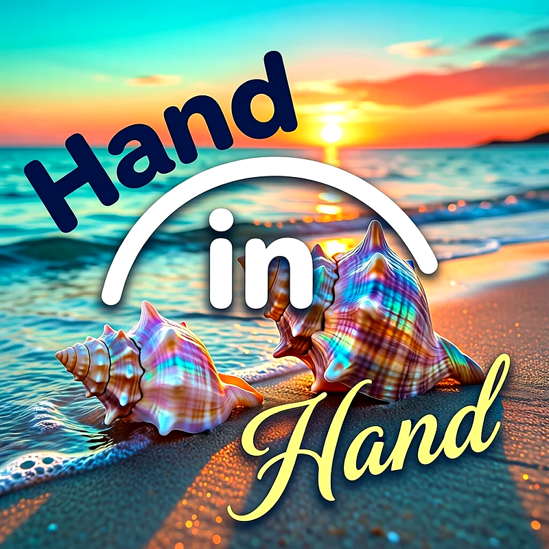 Zwei wunderschöne Muscheln liegen am feuchten Sandstrand, während im Hintergrund ein goldener Sonnenuntergang über dem glitzernden Meer leuchtet. Darüber steht der Text Hand in Hand.