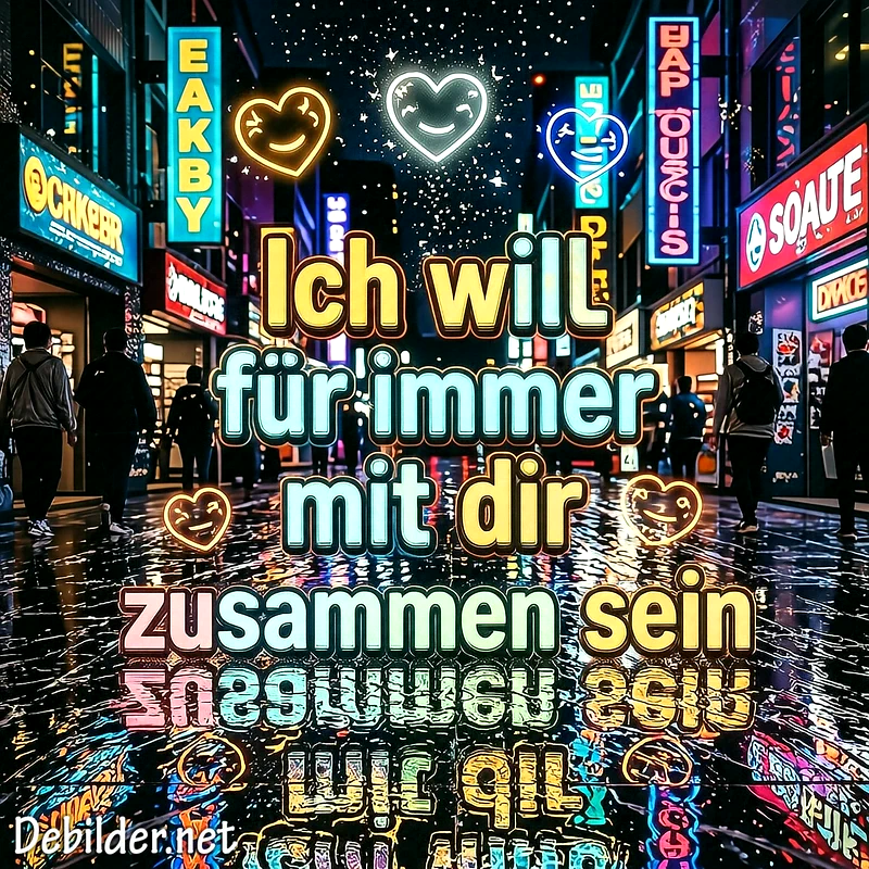 Eine nächtliche, beleuchtete Stadtstraße mit leuchtenden Neonschildern und lächelnden Herz-Symbolen. Der deutsche Text Ich will für immer mit dir zusammen sein spiegelt sich im nassen Asphalt.
