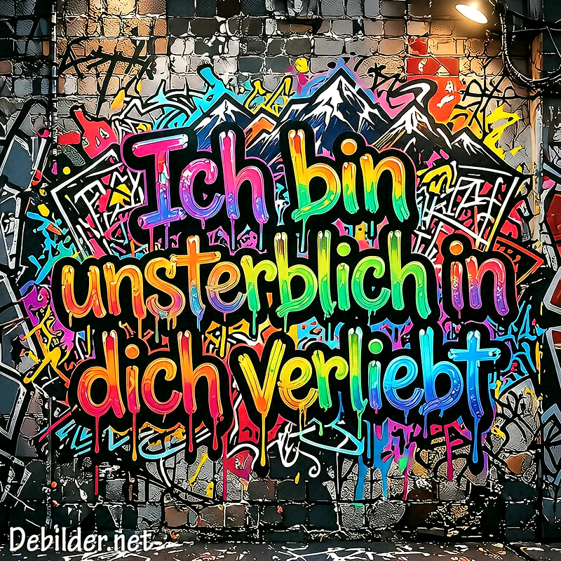 Bunte Graffiti-Schrift auf einer dunklen Klinkerwand mit dem Text Ich bin unsterblich in dich verliebt in regenbogenfarbenen, tropfenden Lettern und farbenfrohen Hintergründen.