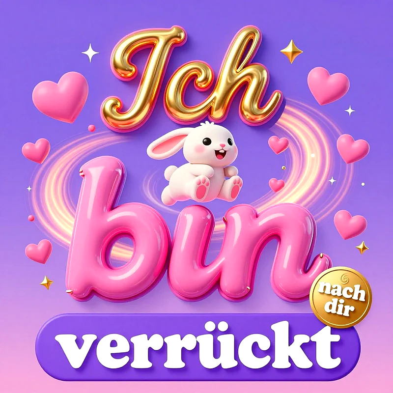 Dreidimensionaler Schriftzug Ich bin verrückt nach dir in Rosa und Gold auf violettem Hintergrund, verziert mit einem springenden weißen Häschen, rosa Herzen und funkelnden Sternen.