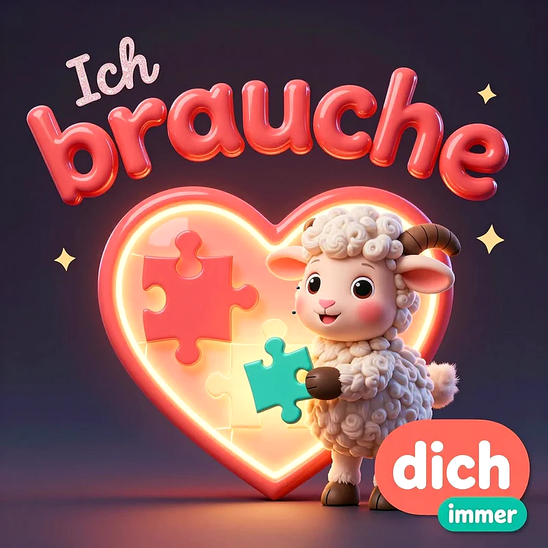 Ein niedliches, flauschiges Schaf steht vor einem leuchtenden, pinken Herzen mit Puzzle-Muster. Es hält ein türkisfarbenes Puzzleteil, das genau in die verbleibende Lücke im Herz gehört.