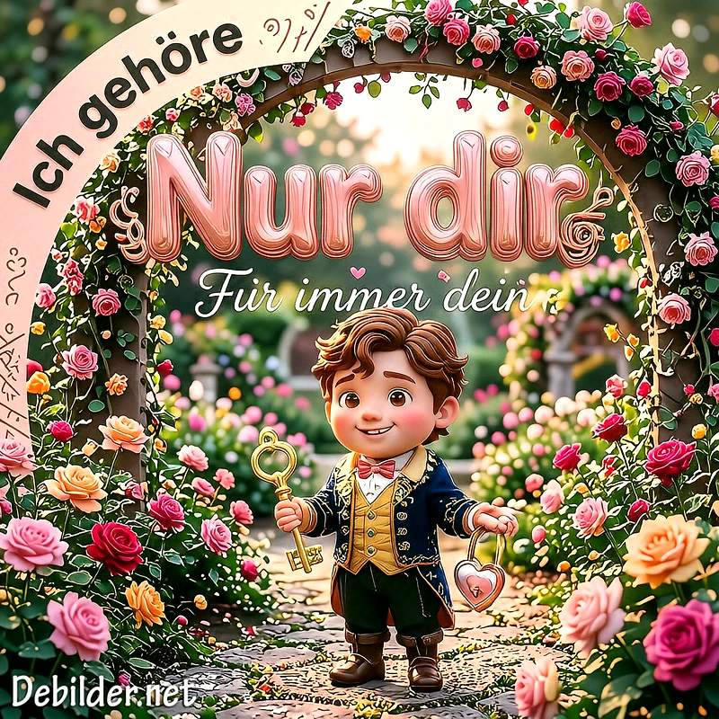 Niedliche 3D-Figur eines kleinen Prinzen im eleganten Anzug, der einen goldenen Schlüssel und ein Herzschloss hält, umgeben von einem blühenden Rosenbogen im Garten.