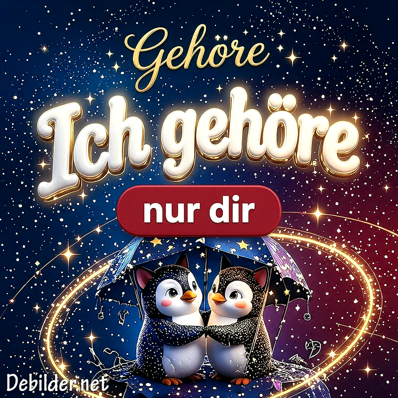 Zwei niedliche Pinguine stehen verschmust unter einem mit Sternen verzierten Schirm vor dunklem Nachthimmel. Der leuchtende Schriftzug lautet Ich gehöre nur dir.