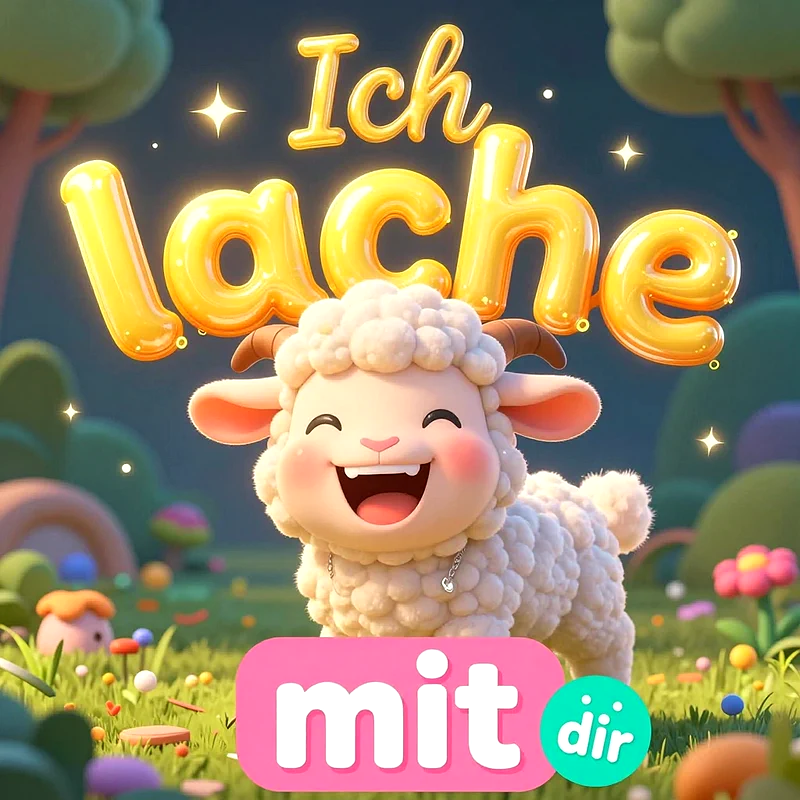 Ein süßes, animiertes Comic-Schaf strahlt fröhlich in einer bunten Wiesenlandschaft, darüber schwebt der goldene Schriftzug Ich lache, unten steht in einer pinken Sprechblase das Wort mit dir.