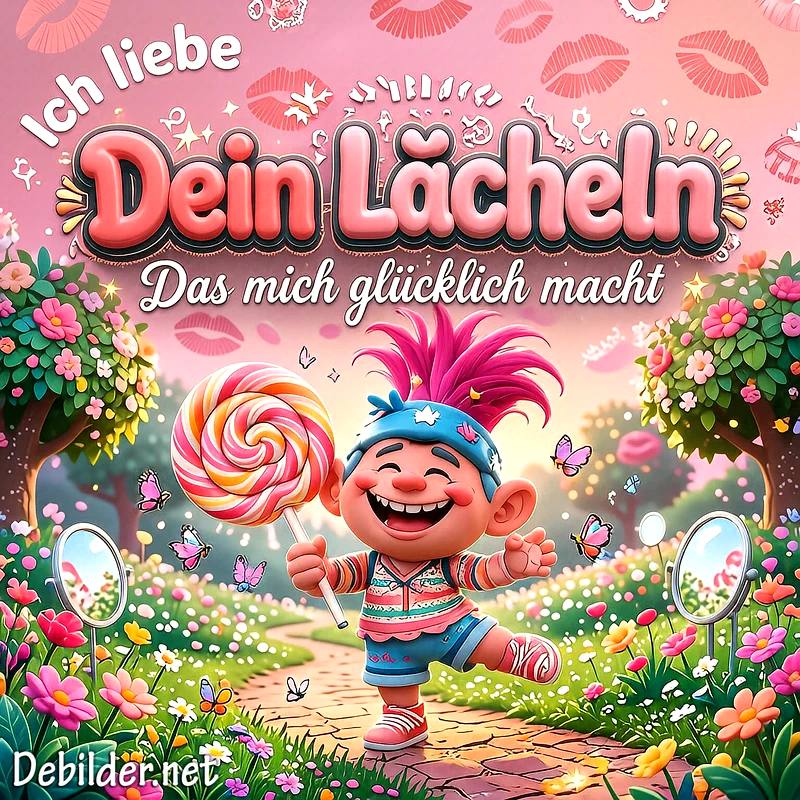 Eine kleine, fröhliche Troll-Figur mit pinken Haaren steht auf einem Blumenweg und hält einen großen Lutscher in der Hand, umgeben von Schmetterlingen und einem liebevollen Hintergrund mit Kussmündern.