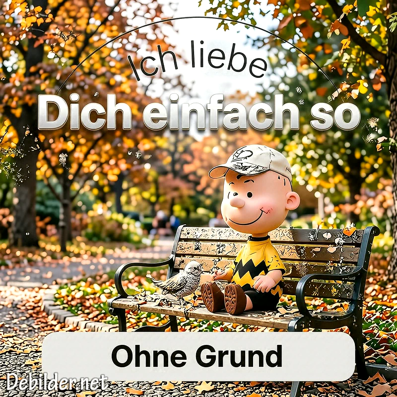 Eine cartoonartige Figur sitzt auf einer Holzbank in einem Park voller herbstlicher Blätter, neben ihr steht ein kleiner Vogel, darüber steht der Text Ich liebe Dich einfach so Ohne Grund.
