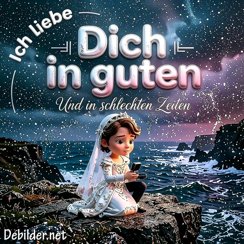 Eine Braut im weißen Kleid kniet auf einer felsigen Klippe am nächtlichen Meer unter einem funkelnden Sternenhimmel. Über ihr steht der Schriftzug Ich liebe Dich in guten und schlechten Zeiten.