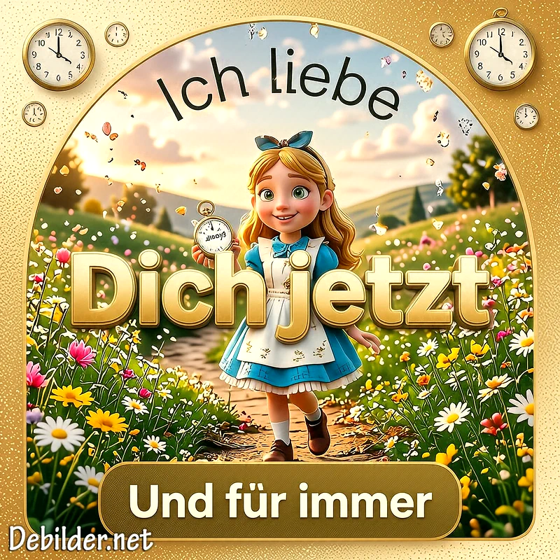 Ein märchenhaftes Motiv mit einer blonden Mädchenfigur auf einer sommerlichen Blumenwiese, umrahmt von Uhren und dem Spruch Ich liebe Dich jetzt Und für immer in goldener Schrift.