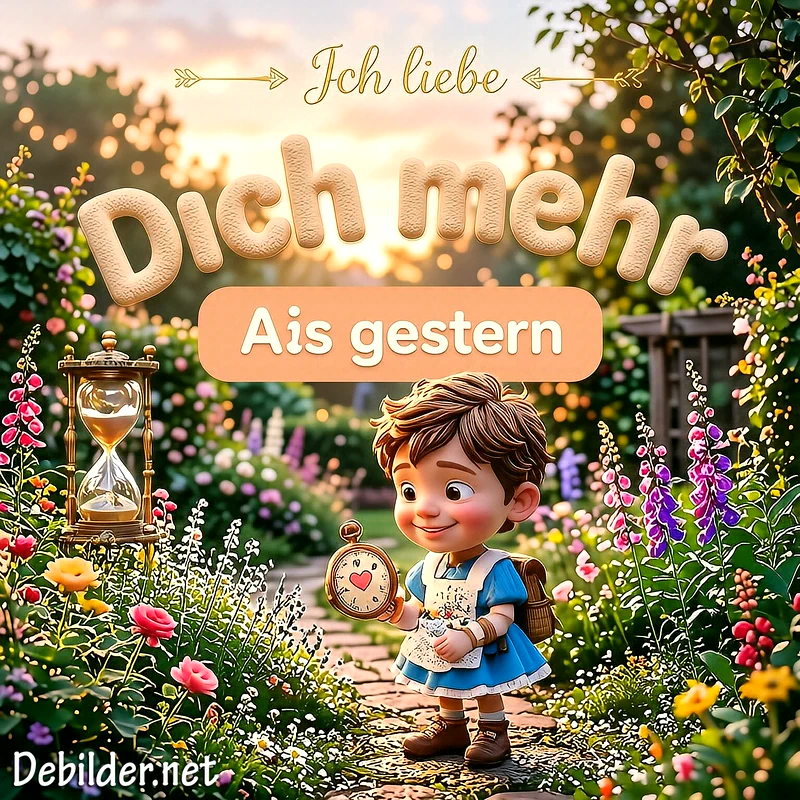 Ein süßes, animiertes Kind mit braunem Haar steht in einem blühenden Garten und hält eine Taschenuhr mit Herzsymbol, umgeben von bunten Blumen und einer goldenen Sanduhr im warmen Sonnenlicht.
