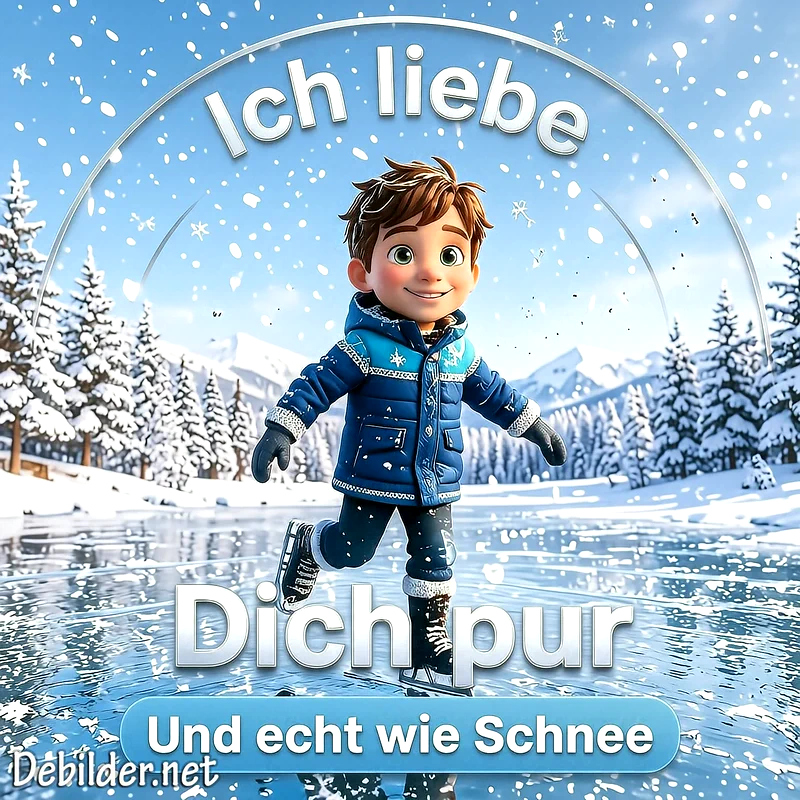 Ein lächelnder Junge im 3D-Comic-Stil läuft Schlittschuh auf einer eisigen Fläche vor einer verschneiten Berglandschaft mit weißem Schriftzug über Liebe im Winter.