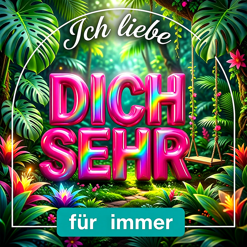 Tropischer Dschungel mit großen Monstera-Blättern, bunter Botanik und einer kleinen Schaukel. Im Zentrum steht in glänzenden pinken 3D-Buchstaben der Text Ich liebe dich sehr für immer.