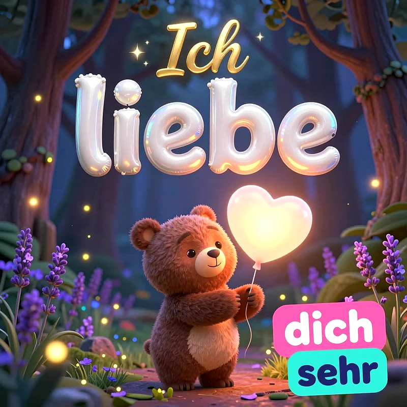 Ein kleiner flauschiger Teddybär hält im dämmrigen Zauberwald einen leuchtenden herzförmigen Ballon umgeben von Lavendelblüten und dem Schriftzug Ich liebe dich sehr.