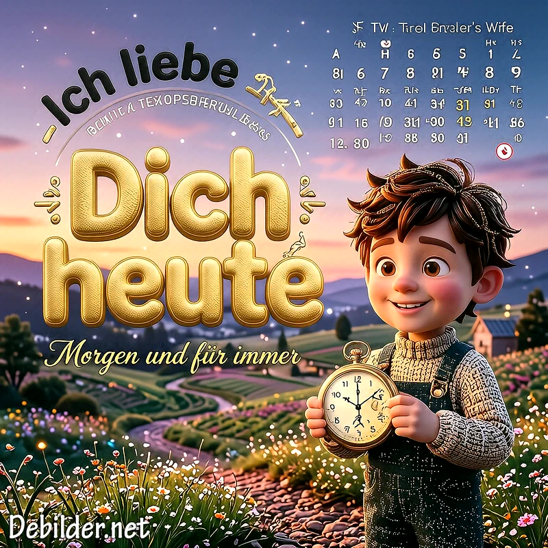 Ein animierter Junge mit braunen Haaren hält eine goldene Taschenuhr in einer blühenden Frühlingslandschaft bei Sonnenuntergang, darüber steht in goldenen 3D Buchstaben ein romantischer Spruch zur ewigen Liebe und Partnerschaft.