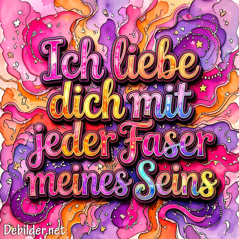Bunte, farbenfrohe Grafik mit flüssigen rosa, violetten und orangen Mustern sowie kleinen Sternen. Der Text Ich liebe dich mit jeder Faser meines Seins ist in geschwungener 3D-Schrift zu sehen.
