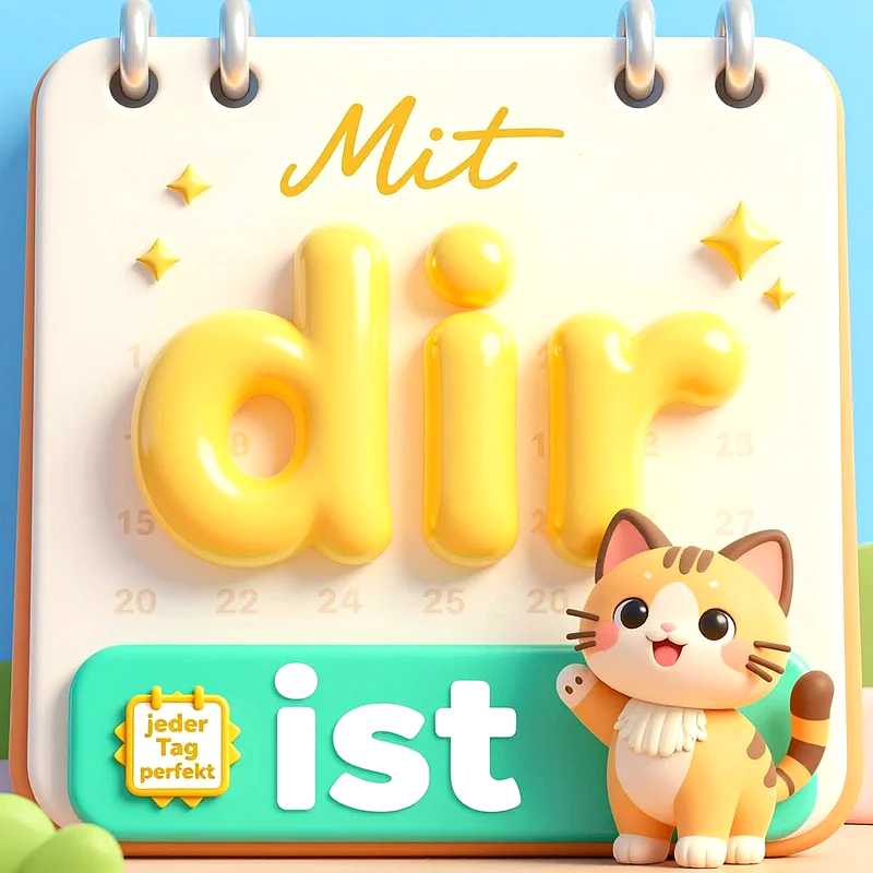 Niedliche 3D-Illustration eines Kalenders mit einer süßen braun-gestreiften Katze, gelber Schrift und der Aufschrift Mit dir ist jeder Tag perfekt auf mintgrünem und hellem Hintergrund.
