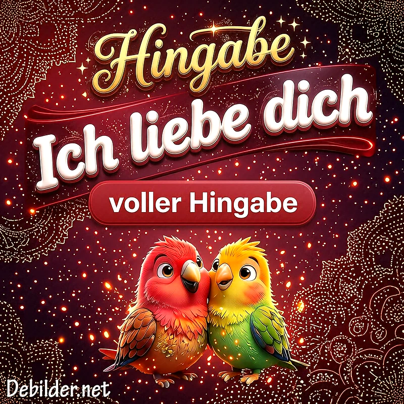 Zwei niedliche, bunte Unzertrennliche schmiegen sich aneinander vor einem funkelnden, tiefroten Hintergrund mit dem Schriftzug Ich liebe dich voller Hingabe.