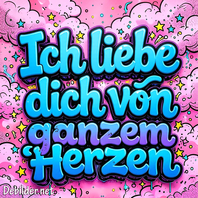 Der Schriftzug Ich liebe dich von ganzem Herzen erstrahlt in leuchtend blauer 3D-Schrift auf einem rosa Hintergrund voller kleiner Sterne und flauschiger Wolken im Pop-Art-Stil.