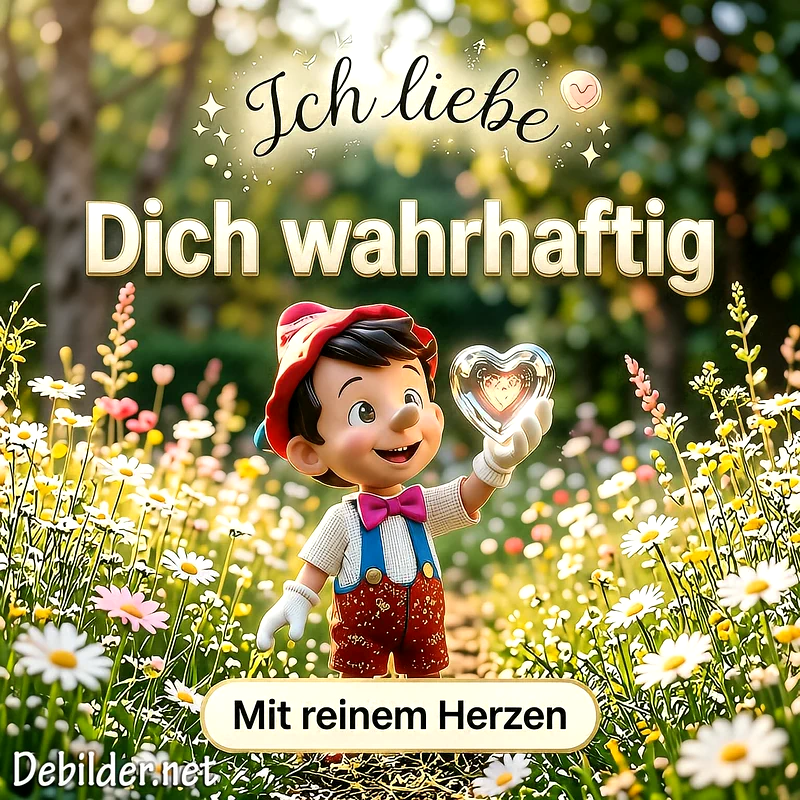 Eine niedliche Pinocchio-Figur steht mitten in einer blühenden Gänseblümchenwiese und hält stolz ein glänzendes, leuchtendes Herz aus Glas in den Händen.