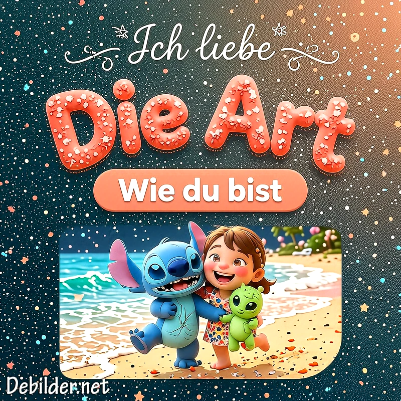 Ein buntes Motiv mit der Aufschrift Ich liebe die Art wie du bist. Darunter stehen zwei fröhliche Comicfiguren, ein blauer Außerirdischer und ein Mädchen, umarmt an einem sandigen Strand vor Meereswellen.